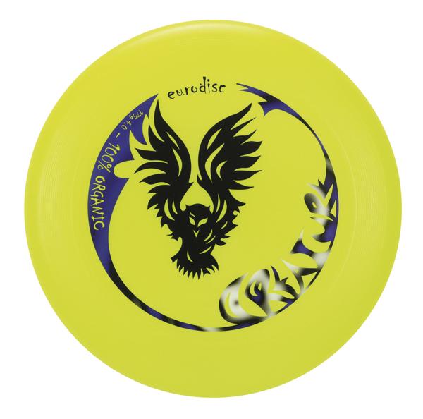Gelbe Eurodisc Frisbee mit schwarzem Adler-Logo und Schriftzug "Organic" für Outdoor-Sport.