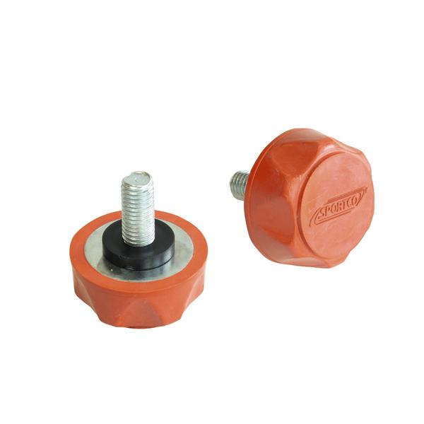 Zwei orangefarbene Maschinenfüße mit Metallgewinde zur Vibrationsdämpfung.