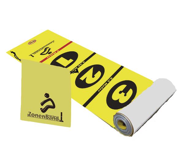 Gelbes Zonenband mit Zahlen 1 bis 3 für Trainings- und Fitnessübungen, aufgerollt.