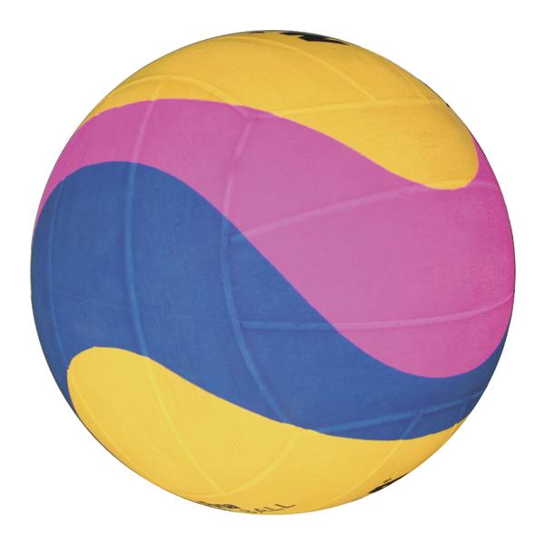 Bunter Volleyball mit gelben, pinken und blauen Wellenmustern auf weißem Hintergrund.
