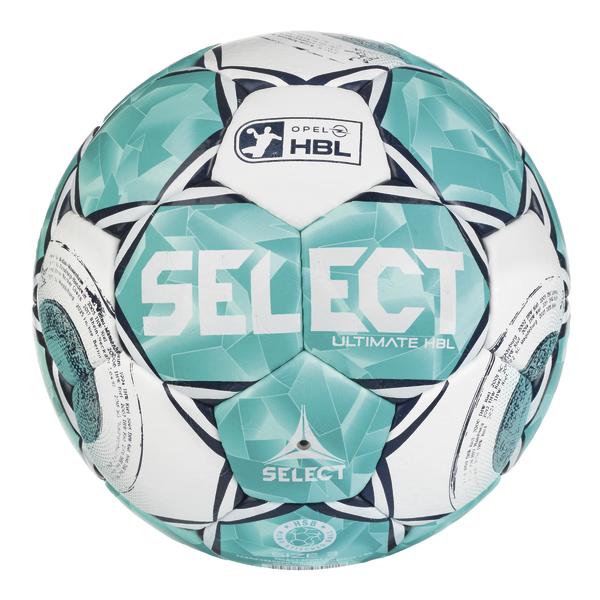 Rückseite eines türkis-weißen Handballs mit grafischem Muster sowie den Aufschriften „SELECT“, „Ultimate HBL“, dem „Opel HBL“-Logo und dem „HSB Hand Stitch“-Siegel.