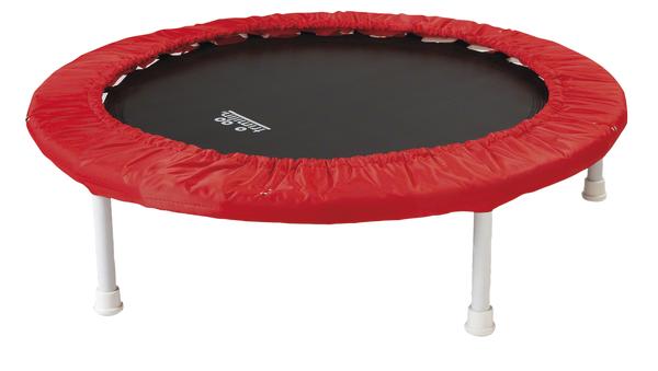 Kleines Fitness-Trampolin mit rotem Rand und weißen Beinen für Indoor-Training.
