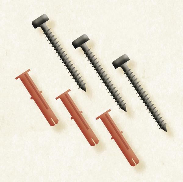 Vier schwarze Schrauben und vier rote Dübel auf hellem Hintergrund, Befestigungsmaterial für Wände.