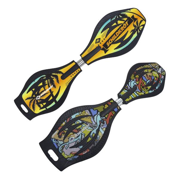 Gelb-schwarzes Waveboard mit Palmen-Design und Schildkröt-Logo. Buntes Waveboard mit abstraktem Muster und Schildkröt-Logo.