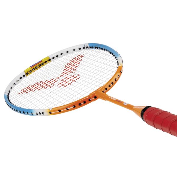 Victor Advanced Badmintonschläger in Weiß, Blau und Orange mit stabiler Bespannung.
