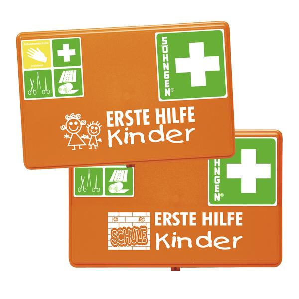 Erste-Hilfe-Set für Kinder mit Symbolen und grünem Kreuz auf orangefarbenem Kasten.