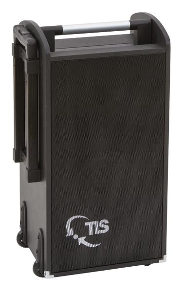 Mobiler Lautsprecher mit Trolleygriff und Rädern, ideal für Veranstaltungen und Outdoor-Einsatz.