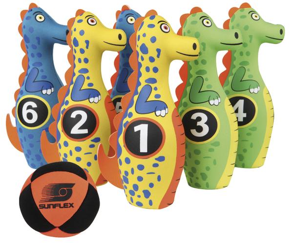 Dino-Bowling-Pins mit Zahlen und passendem Softball für Kinder.