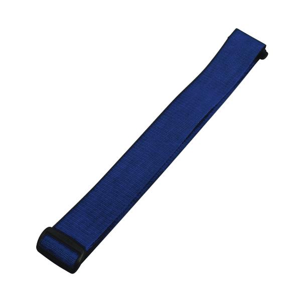 Blauer Klettverschluss-Gurt mit schwarzem Verschluss, verstellbar und flexibel.