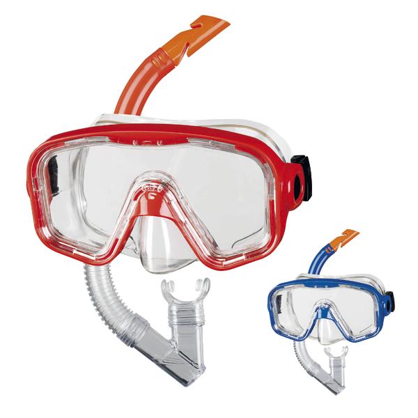 Taucherbrillen mit Schnorchel in Rot und Blau für Unterwasseraktivitäten.