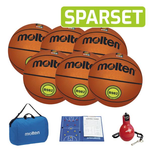 Sparset mit sechs Molten Basketbällen, Tragetasche, Spielplan und Basketballpfeife.