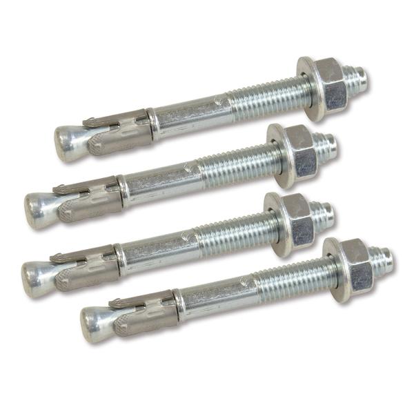 Vier verzinkte Metall-Dübelanker mit Schrauben und Muttern für Befestigungen.