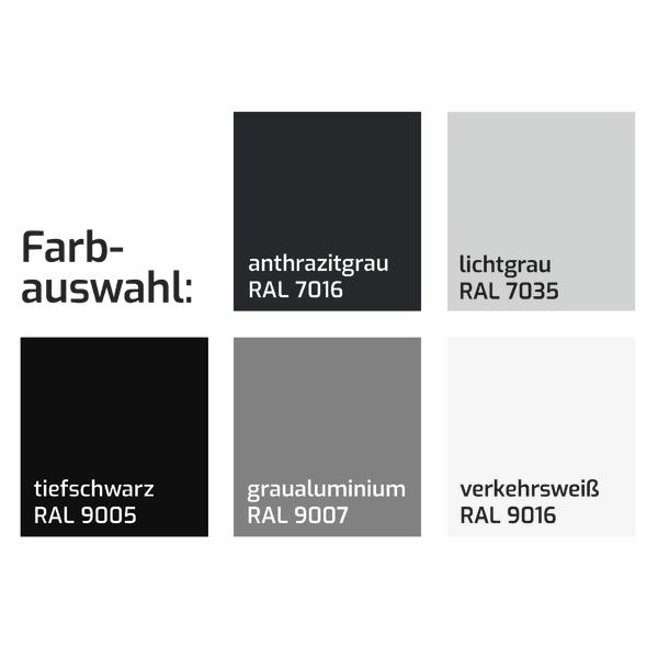 Farbpalette mit fünf RAL-Farben: Anthrazitgrau, Lichtgrau, Tiefschwarz, Graualuminium, Verkehrsweiß.
