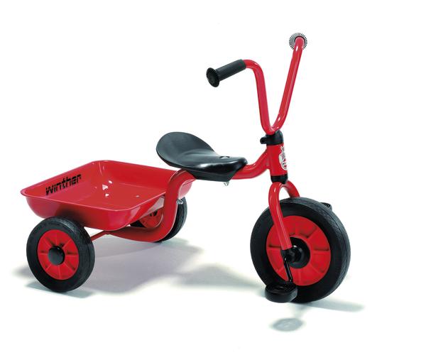 Rotes Kinder-Dreirad mit Anhänger und schwarzem Sitz, ideal für Kleinkinder.