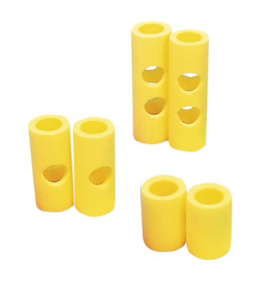Gelbe Kunststoffverbinder mit Löchern, verschiedene Größen.