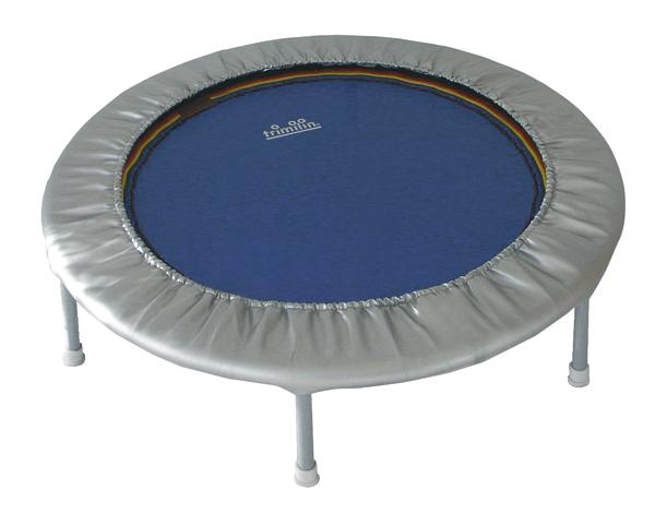 Kleines rundes Fitness-Trampolin mit blauem Sprungtuch und silberner Umrandung.