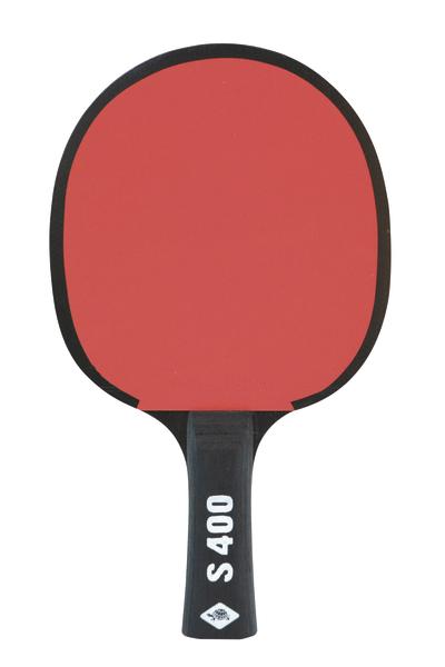 Tischtennisschläger mit rotem Belag und schwarzem Griff, Modell S 400.