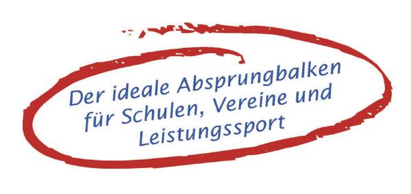 Roter Kreis mit Text „Der ideale Absprungbalken für Schulen, Vereine und Leistungssport“ auf weißem Hintergrund.