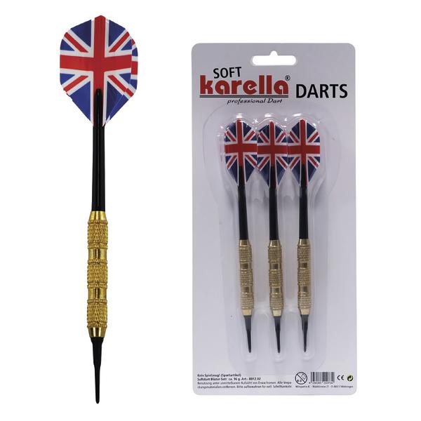 Einzelner Soft-Dartpfeil mit Union Jack Flight und goldenem Griff. Verpackung mit drei Soft-Dartpfeilen, Union Jack Flights, goldene Griffe.