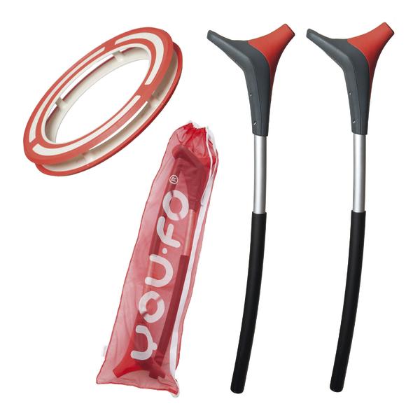 You.Fo Balance-Board Zubehör mit zwei Griffen, Balance-Ring und Tragetasche in Rot und Schwarz.