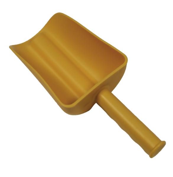 Gelber Kunststoffschaufel mit ergonomischem Griff für einfache Handhabung.