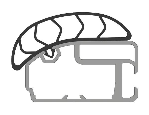 Querschnitt einer Dichtung mit Profil und elastischem Dichtungsring in Schwarz und Grau.