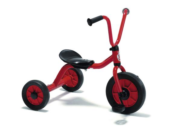 Rotes Kinder-Dreirad mit schwarzem Sitz und robusten Reifen, ideal für Kleinkinder.
