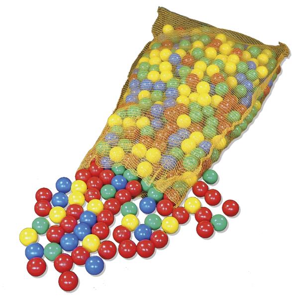 Bunte Kunststoffbälle in Netzbeutel, ideal für Bällebad oder Kinderspielzeug.