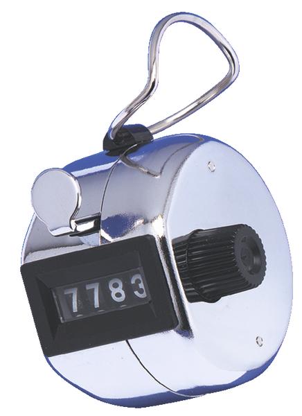 Mechanischer Handzähler mit Metallgehäuse und Zählstand 7783, silberfarben.