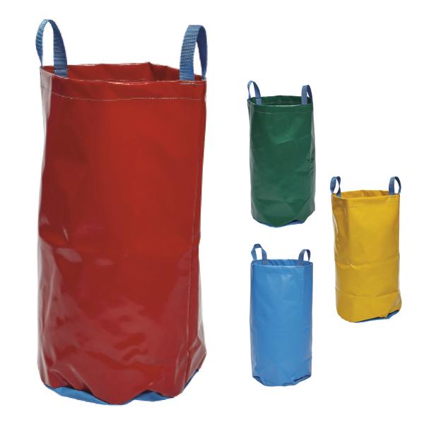 Vier Hüpfsäcke in Rot, Grün, Blau und Gelb für Sackhüpfen, Sportfeste und Kindergruppen.