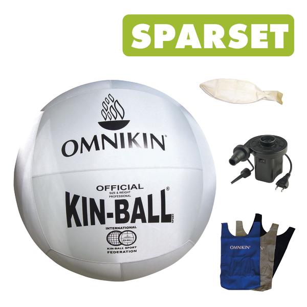 Kin-Ball Set mit weißem Ball, Pumpe, Ersatzballon und drei Trikots für Teamsport.