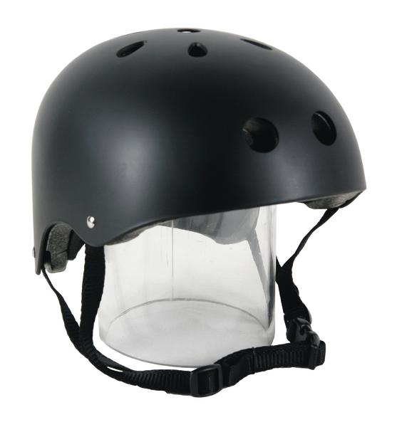 Schwarzer Fahrradhelm mit Belüftungslöchern und verstellbarem Kinnriemen.
