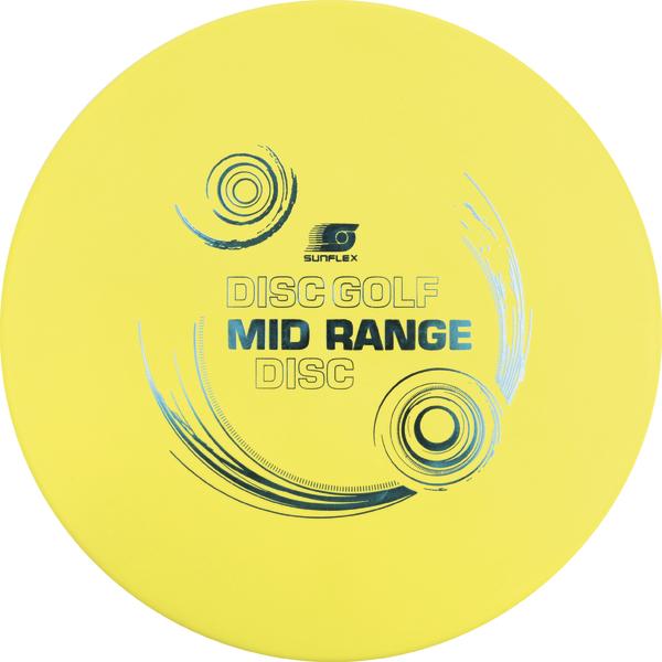 Gelbe Disc Golf Mid Range Scheibe mit Sunflex Logo und blauen Akzenten.