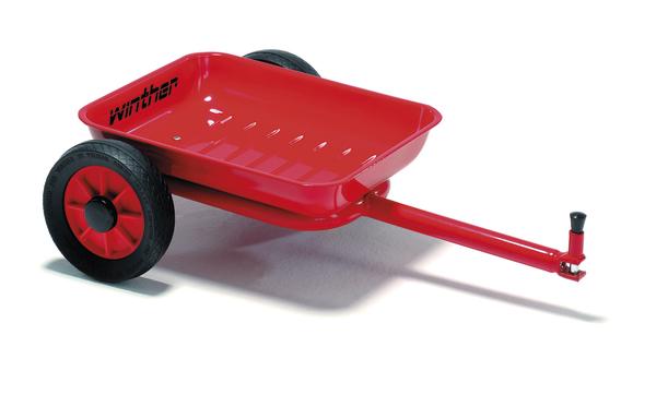 Roter Anhänger mit zwei Rädern und langer Zugstange für Transportzwecke.