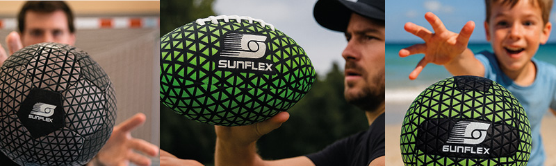 Sunflex Wurfball in Aktion, genutzt von Erwachsenen und Kindern für Spiel und Training.