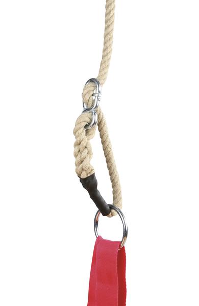 Seil mit Metallringen und rotem Fitnessband für Kraft- und Suspensionstraining.