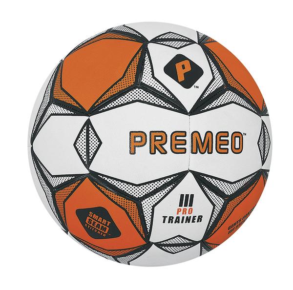 Orange-weißer PREMEO Pro Trainer Fußball mit Smart Seam Stitching Design.