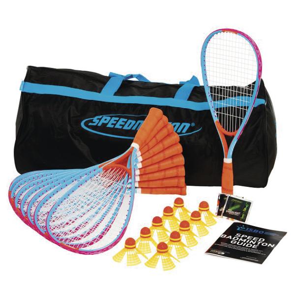 Badminton-Set mit Schlägern, gelben Federbällen, Anleitung und schwarzer Tragetasche.