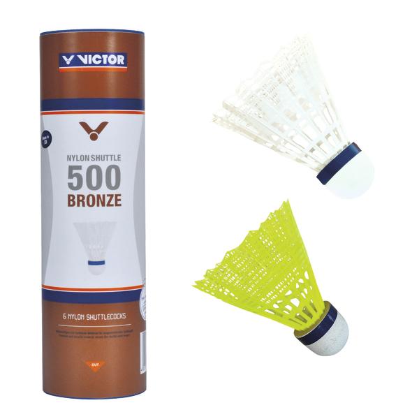 Victor Nylon Shuttle 500 Bronze-Federballdose mit einem weißen und einem neongelben Federball daneben.