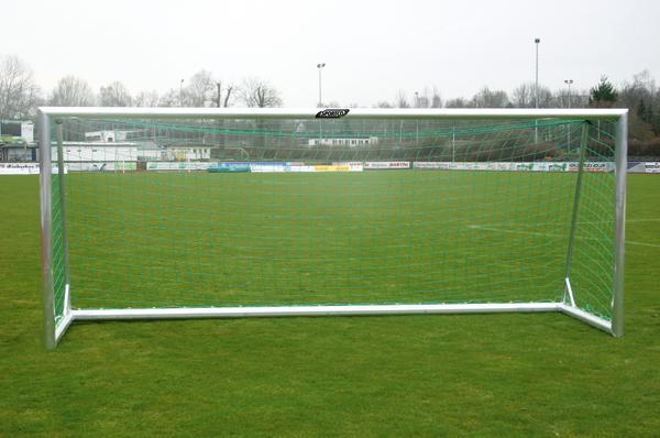 Fußballtor mit grünem Netz auf einem Rasenplatz im Stadion.