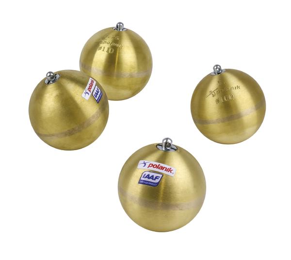 Vier goldene Kugeln für Hammerwurf mit Polanik und IAAF Logos auf weißem Hintergrund.