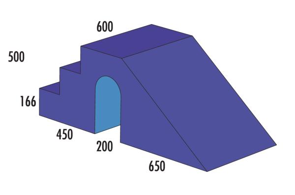 3D-Modell einer blauen Treppenrutsche, Maße in Millimetern angegeben.