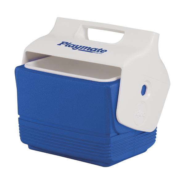 Kompakter blauer Playmate Kühlbox mit weißem Griff und Deckel, ideal für unterwegs.