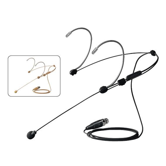 Headset-Mikrofon mit Nackenbügel und XLR-Anschluss, schwarz und beige Varianten.