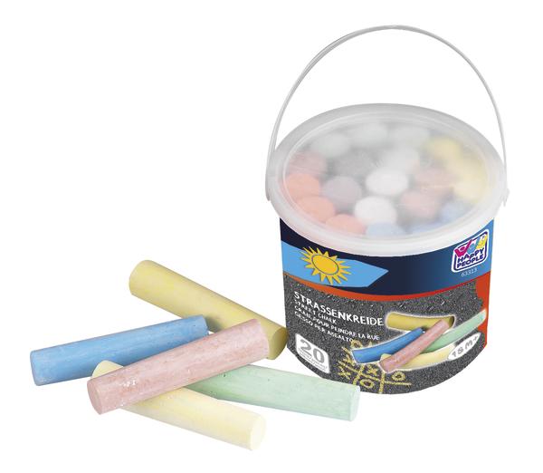 Eimer mit 20 bunten Straßenkreiden für Kinder zum Malen auf Asphalt und Gehwegen.
