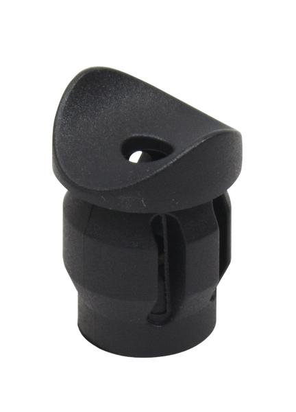 Schwarzer Kunststoff-Kordelstopper mit Loch für Schnurzug, isoliert und robust.