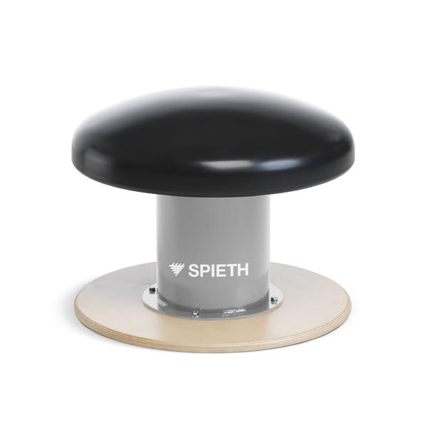 Turnpilz aus Holz und Metall mit schwarzer runder Oberfläche, Spieth-Logo sichtbar.