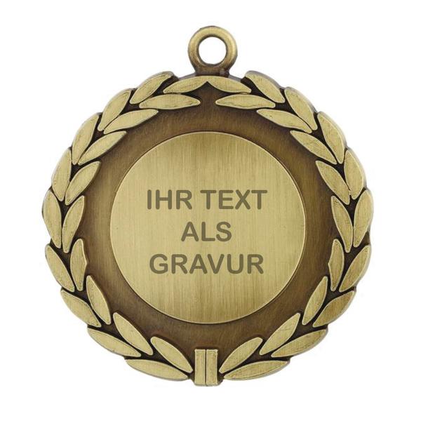 Runde bronzene Medaille mit Lorbeerkranz und Gravurfläche für individuellen Text.
