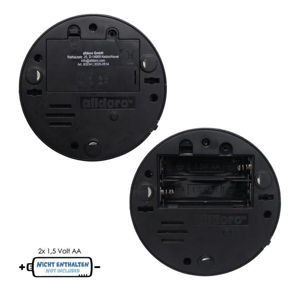 Unterseite der Rundumleuchte mit Batteriefach für 2× AA-Batterien (nicht enthalten).