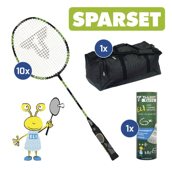 Badminton-Set mit 10 Schlägern, 1 Tasche und 1 Dose Federbälle im Sparset.